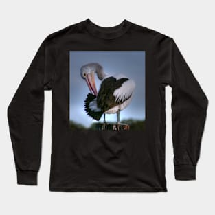 Picky Patient Pelican Preening on Pole in Pool Long Sleeve T-Shirt